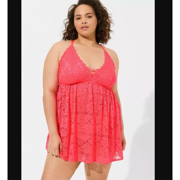 NWT Torrid Simply Lace XO Front Floral Babydoll Neon Blush Lingerie Sz 1x 14 16 - Picture 1 of 4